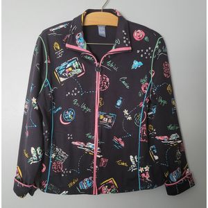 Koret Women's Vintage Black Novelty Travel Print Full Zip Jacket Pockets Size M